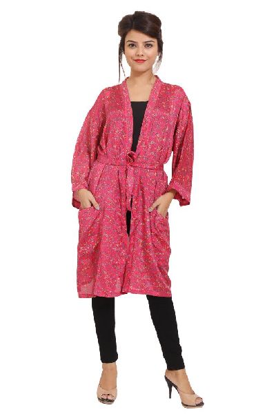 Printed Pink Silk Casual Kimono, Sleeve Type : Full Sleeve