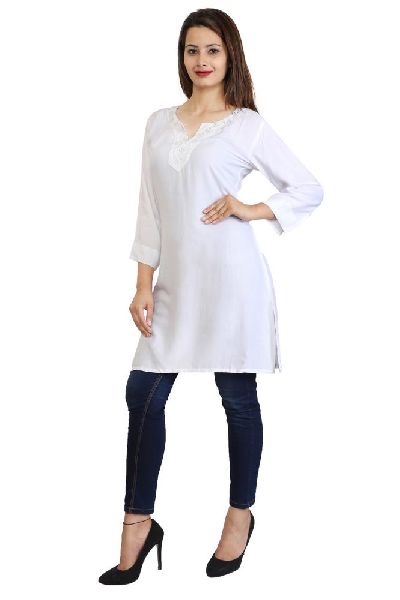 Rayon Crepe White Crosia V-Neck Dress