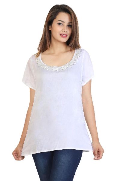 Rayon Crepe White Round Neck Western Top