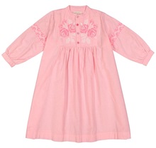 Floral Embroidery Buttons Bodice Shirring Waist Dress Tunic Frock