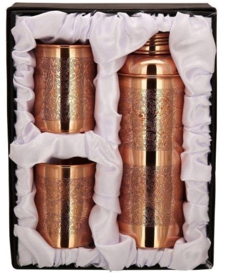 Etched Design Copper Bottle set, Feature : Durable, Eco Friendly