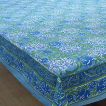 Hand Block Printed Tablecloth Blue Daffodils