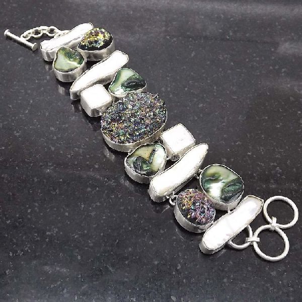 STERLING BRACELET, Main Stone : Titanium Druzy, Biwa Pearl