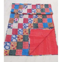 Vintage Silk Sari Twin Kantha Quilt, for Bedspread, Throw, Pattern : Embroidery