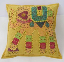 Yellow Handicraft Elephant embroidery Cushion Cover
