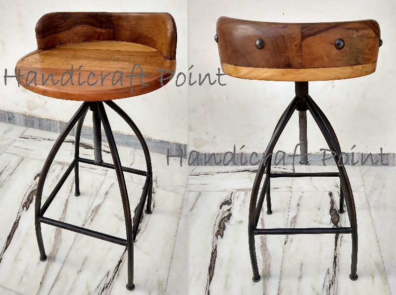 Industrial Adjustable Bar Stool with wooden seat