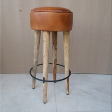 Industrial Leather seat Wood bar stool