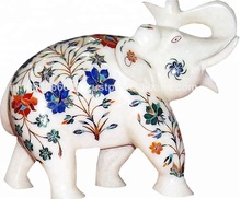 White Marble Inlay Elephant Statue, Technique : Carved