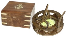 Brass Sundial Compass In Wooden box,