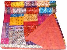 King Bedspread Patola Silk Patch Handmade Kantha Work