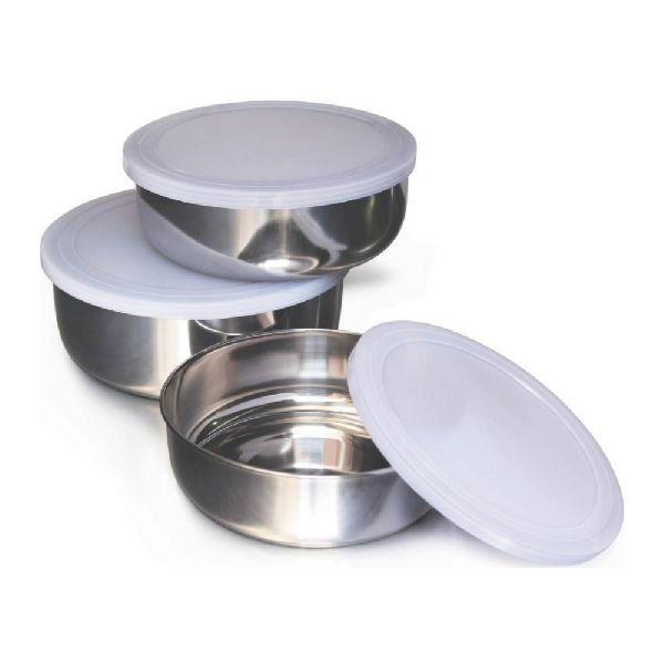 Normal Round Storage Bowl With Plastic Lid, for Restaurant, Hotel, Home, Color : Silver, silver