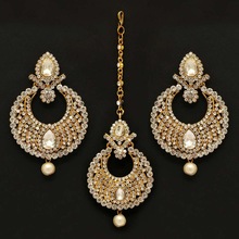 White Color Rhinestone AND Imitation Pearl Maang Tikka With Earring