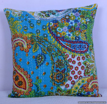 Cotton Handmade Turquoise Paisley Kantha Cushion Cover