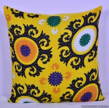 Yellow Suzani Kantha Cushion Cover