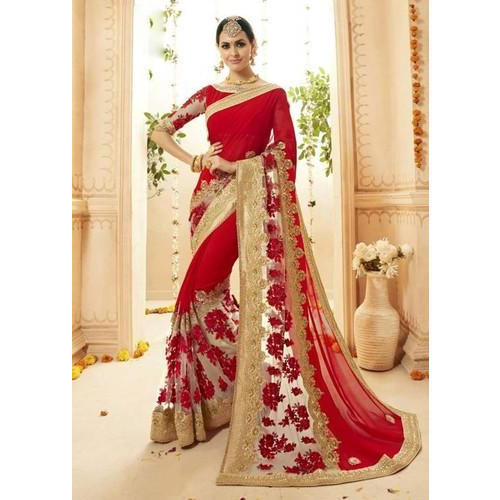 Half Half Georgette Ethnic Wedding Saree, Color : Red Golden