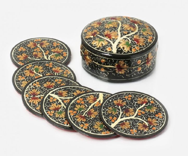 Round Wood Paper Mache Coaster Set, for Decoration Use, Tableware, Size : 9x9cm