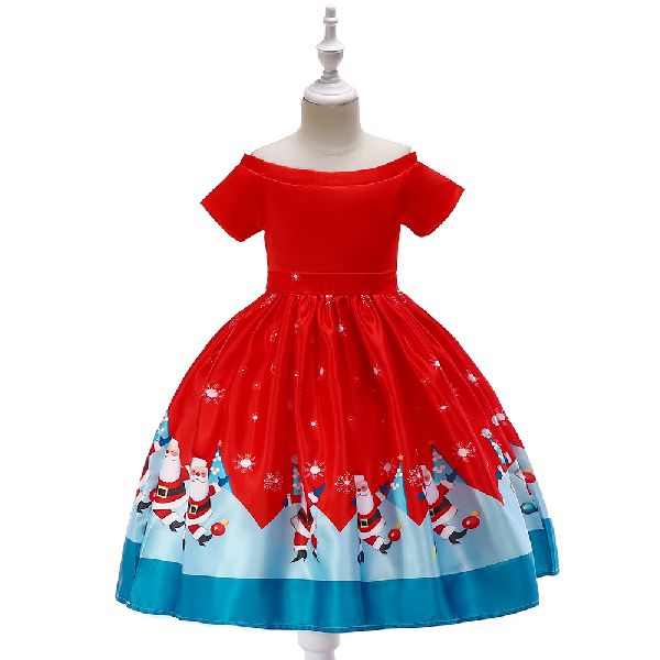 China Factory Girl Print Cartoon Dress Off-shoulder Red Christmas Kids  Clothes SD040F | ID - 4495468