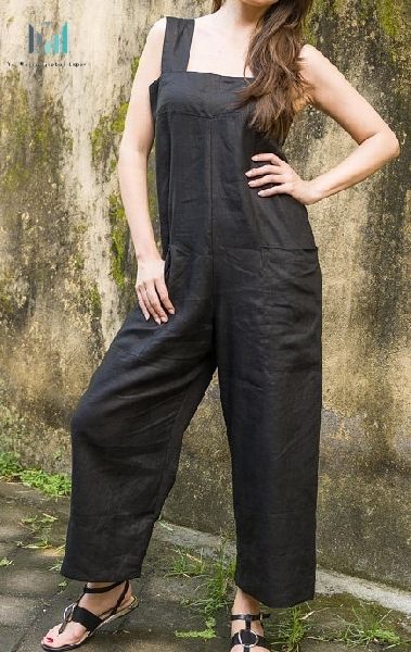 Flax Linen Casual Sleeveless Summer Black Jumpsuit