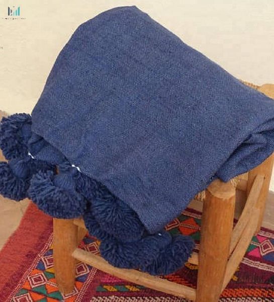 Moroccan pom pom handmade blue cotton blankets