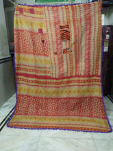 vintage kantha quilt indian printed cotton Pom Pom throw