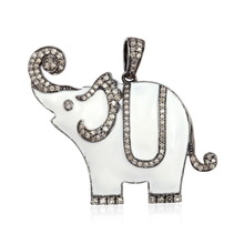 Pave Diamond White Enamel Elephant Pendant, Size : 35.5X44 MM