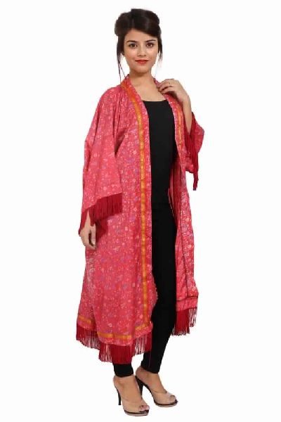 Silk Sari Printed Kimono, Color : Red