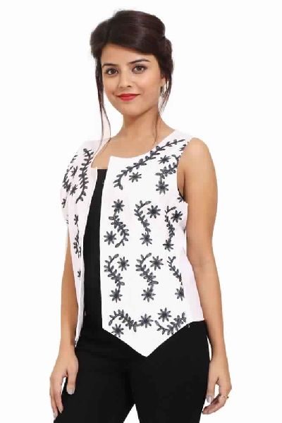 Solid White Cotton Party Wear Black Embroidery Jacket