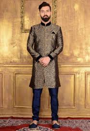 Mens Ethnic Black and Royal Blue Sherwani