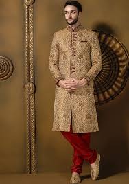Mens Ethnic Golden and Red Sherwani, Size : XL