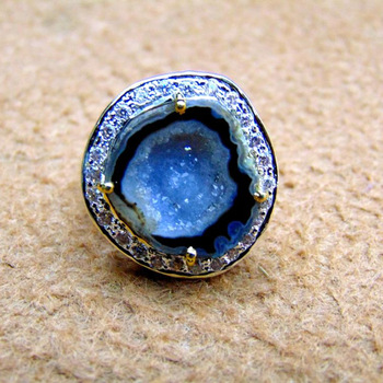 Druzy Geode Pave Diamond 18k Gold Plated Gemstone Prong Setting Sizable Ring