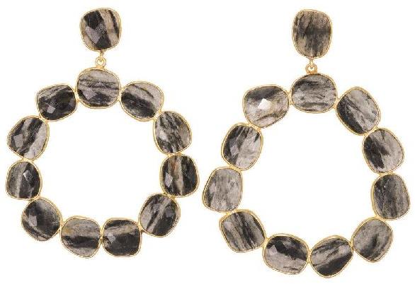 Black Dot Quartz Gemstone Gold Plated Stud Earrings