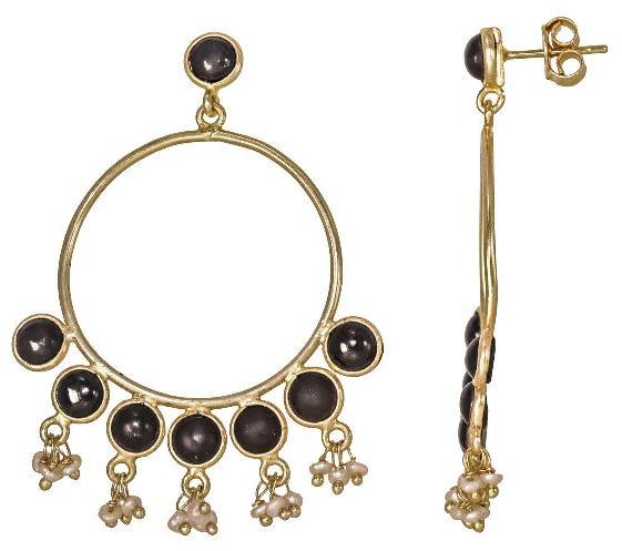 Black Onyx Gold Plated Bezel Hoop Stud Earrings