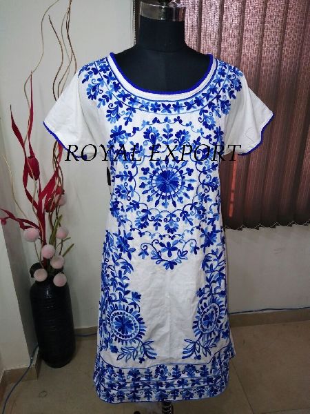 Blue and white hand embroidered knee lenghth dress