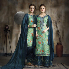 Pista Green Cotton Satin Casual Wear Embroidery Work