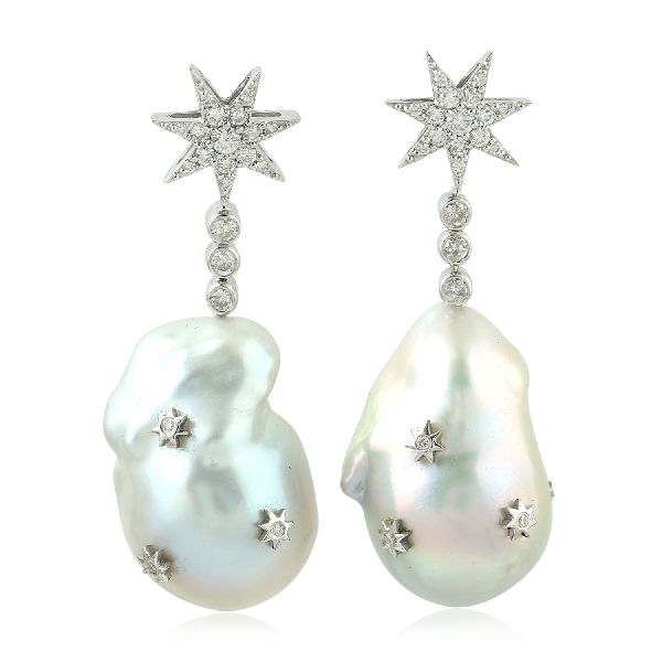 White Gold Pearl Dangle Earrings