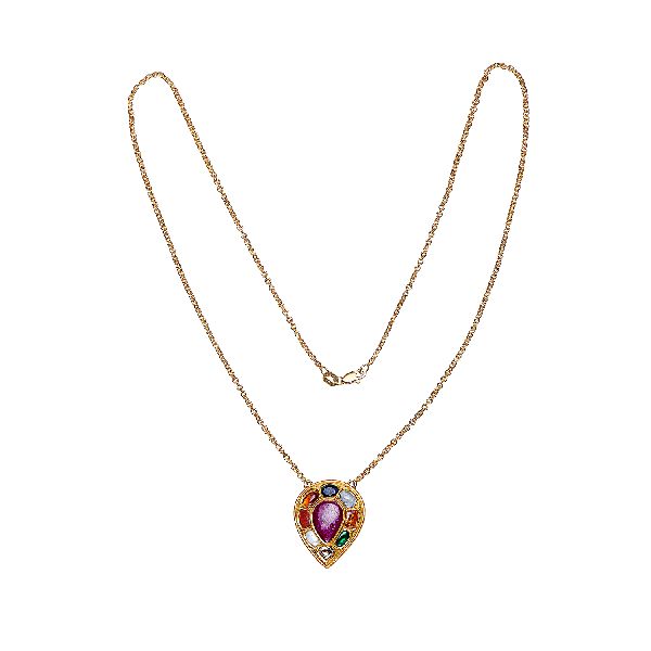 Yellow Gold Multi Gemstone Pear Shaped Pendant Necklace