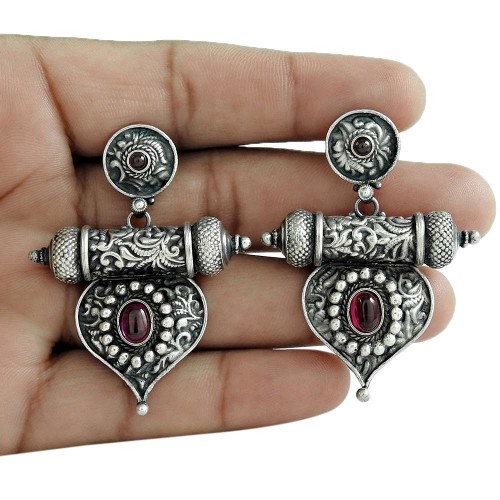 Antique Look 925 Oxidized Sterling Silver Ruby Gemstone Earring Traditional Jewelry
