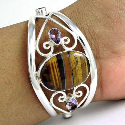 Big Relief Sterling Tiger Eye, Amethyst Gemstone Sterling Silver Bangle Jewellery