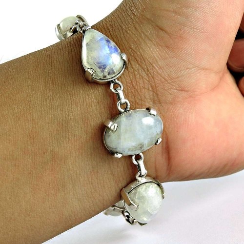 Charming 925 Sterling Silver Rainbow Moonstone Bracelet