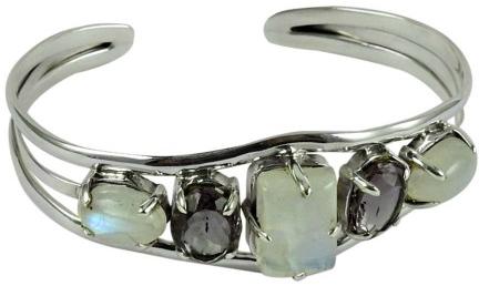 Excellent 925 Sterling Silver Rainbow Moonstone, Amethyst Gemstone Bangle