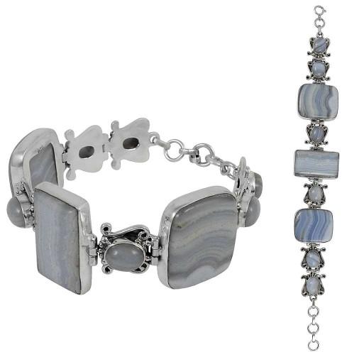 Handcrafted Blue Lace Agate Gemstone Sterling Silver Bracelet Jewelry