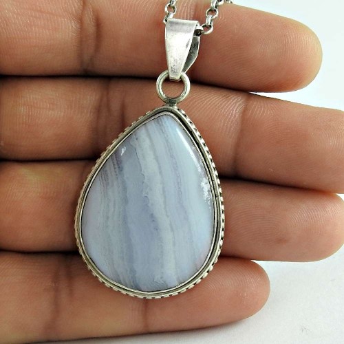 Nice Looking 925 Sterling Silver Blue Lace Agate Gemstone Pendant