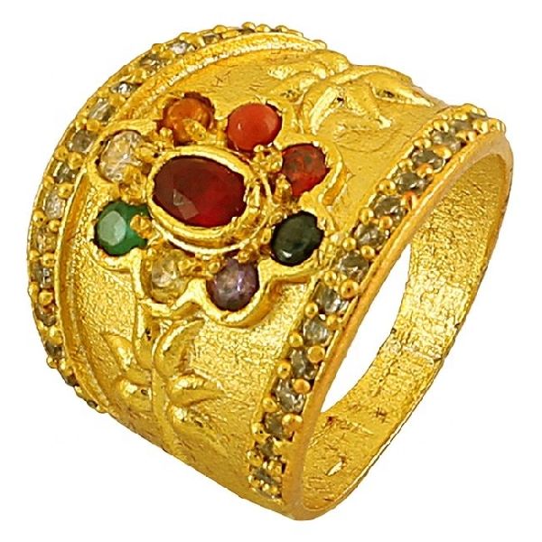 Brass Lotus Navratan Ring, Color : golden