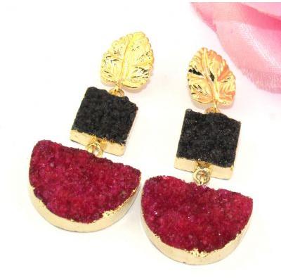 24k Gold Eletcroplated Red Black Natural Druzy Earring