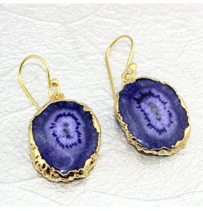 Blue Natural Solar Quartz Gold Plated Hook Earring DM-420