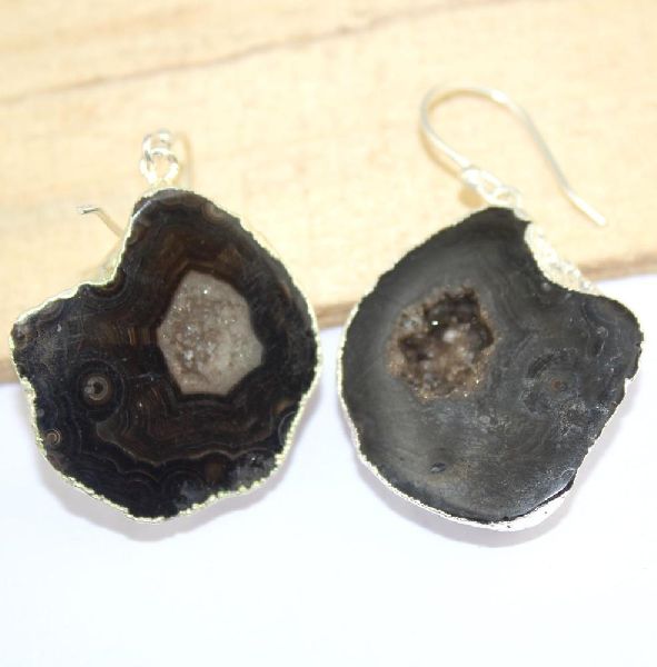 Natural Black Geode Druzy Earring Silver Plated Earring