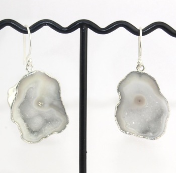 Natural White Geode Druzy Silver Plated Earring Jewelry