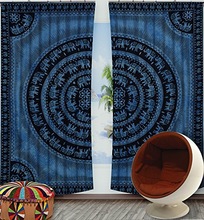 Blue Elephant Print Mandala Cotton Window Door Cover Curtain