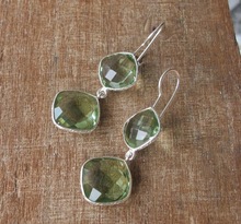 Handmade Faceted Green Amethyst Quartz Gold Plated Dangling Gemstone Earring