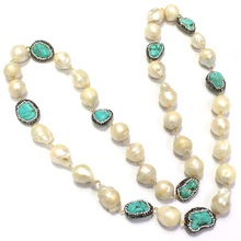 Uneven Shape Turquoise With Barque Pearl Long Beaded Necklace